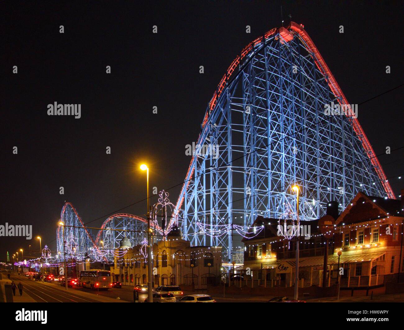 Blackpool illuminations and illuminated Pleasure Beach  on the Golden Mile Stock Photo