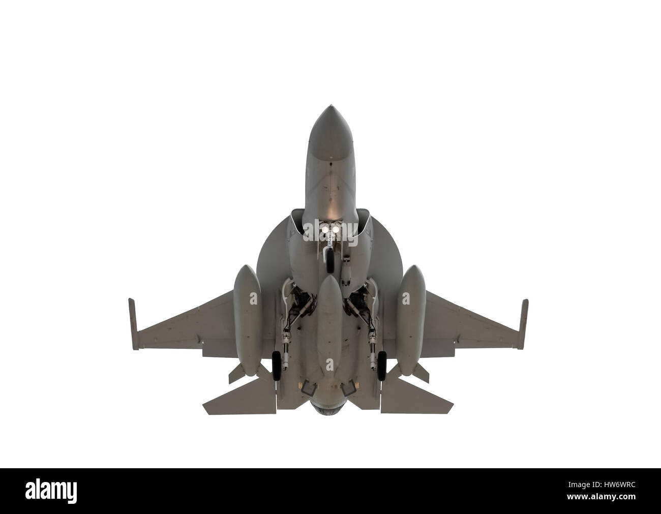 isolated head-on view of an unmarked military jet landing Stock Photo