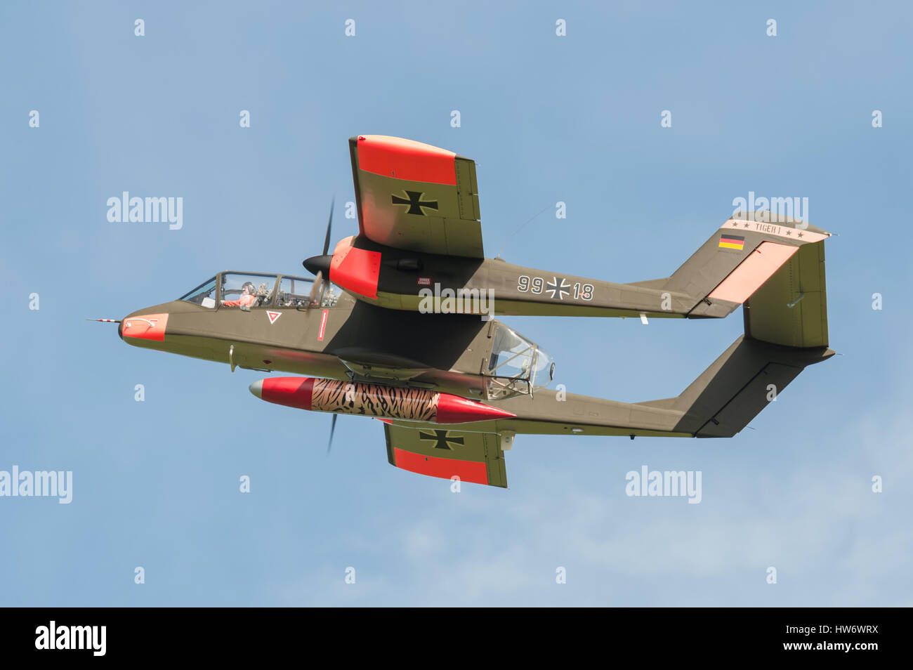 Vintage Rockwell OV-10 Bronco light attack aircraft on take-off from Farnborough, UK Stock Photo