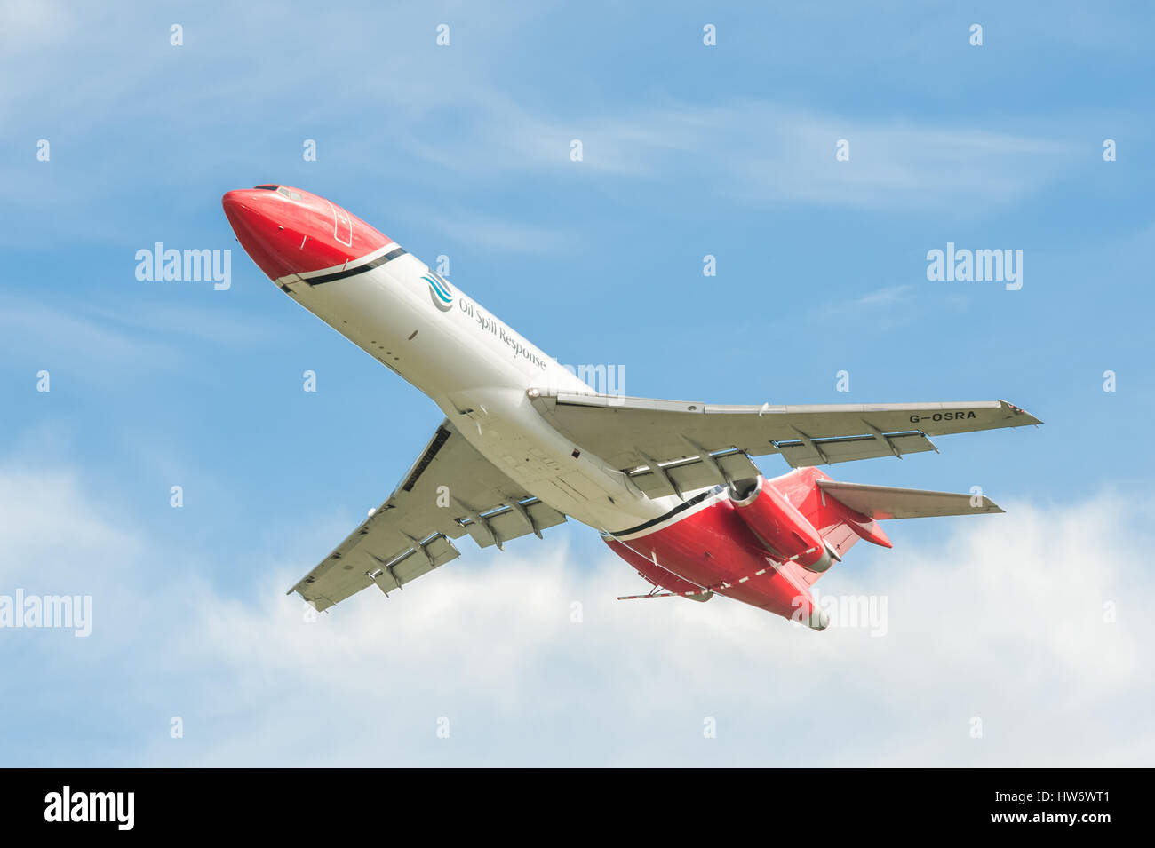 Boeing 727 oil spill response aircraft operated by OSRL, taking-off from an aviation trade event in Farnborough, UK Stock Photo