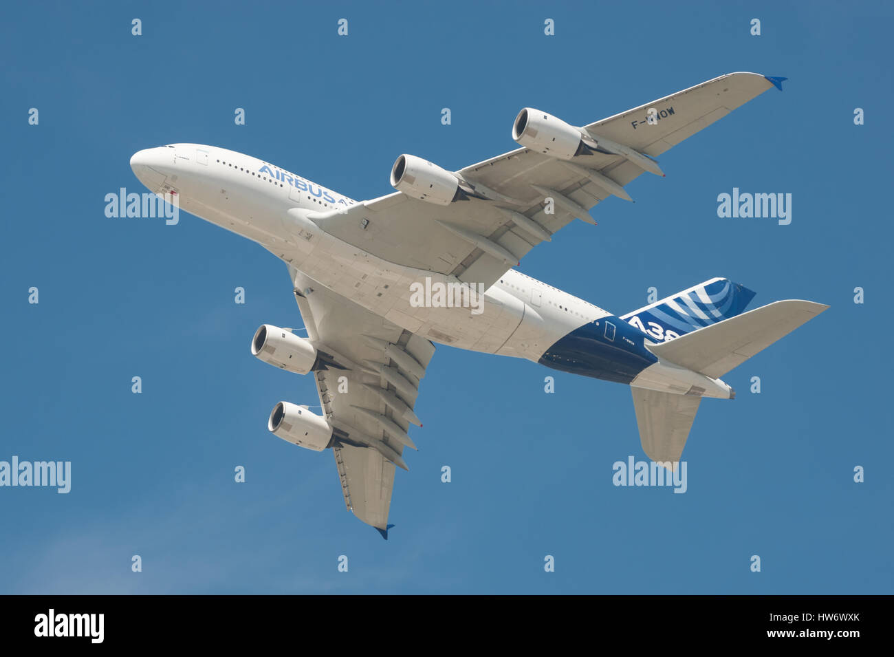 Closeup of an Airbus A380 super-jumbo jet airliner in the skies above Farnborough, Hampshire, UK Stock Photo