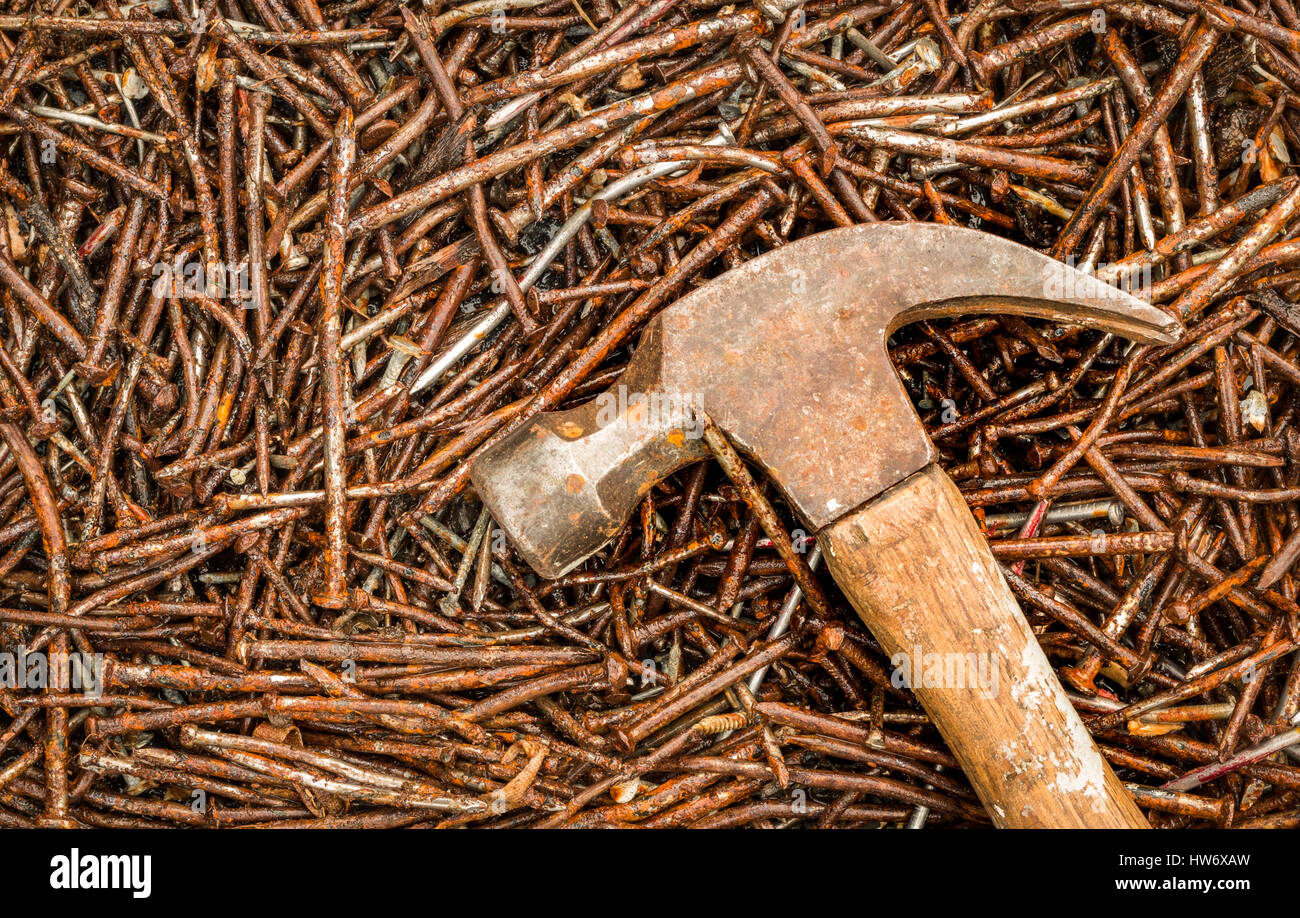 Full frame image of rusted and used nails. Stock Photo