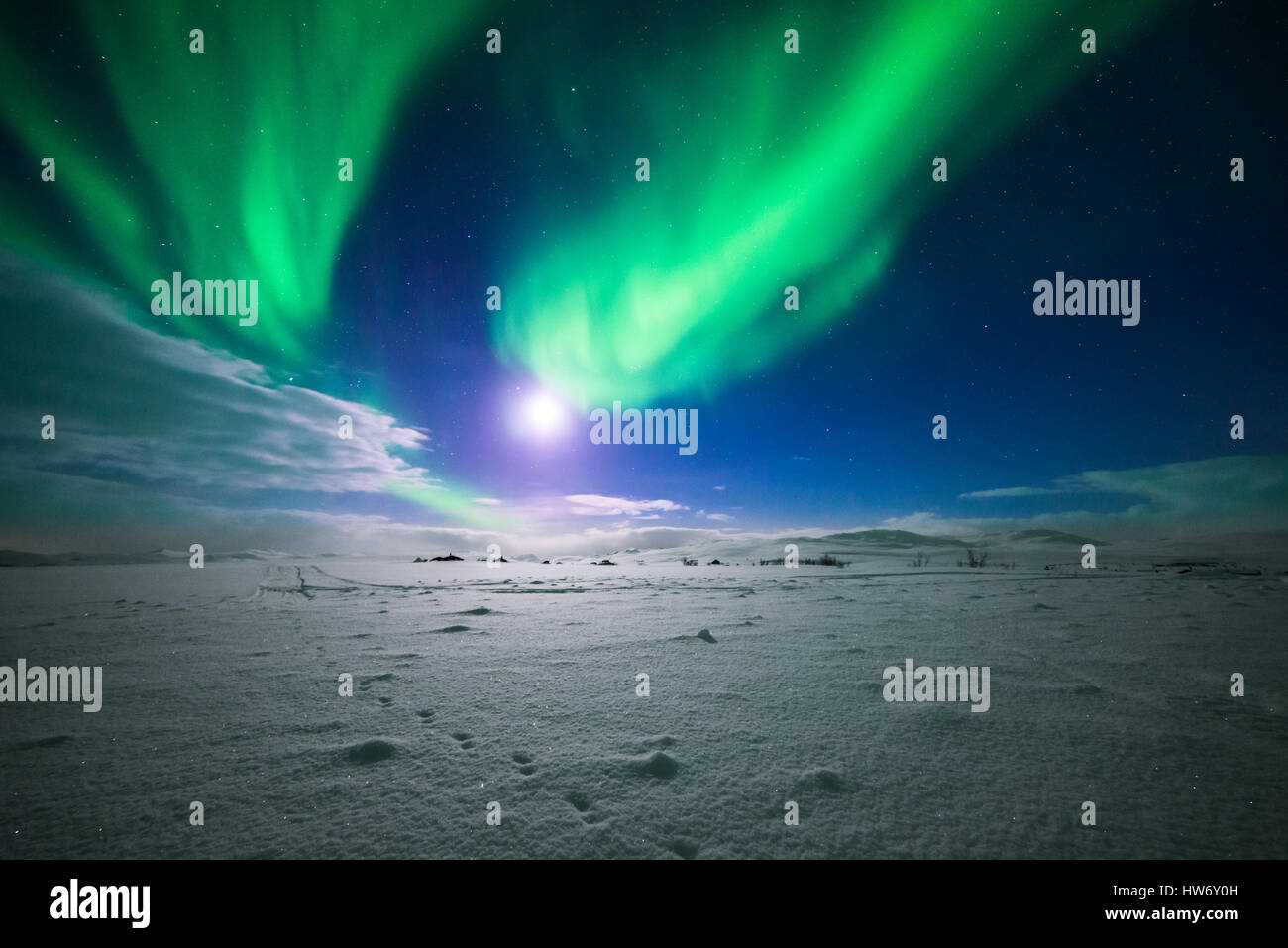 Northern lights at flat mountain in Finnmark Norway winter Stock Photo