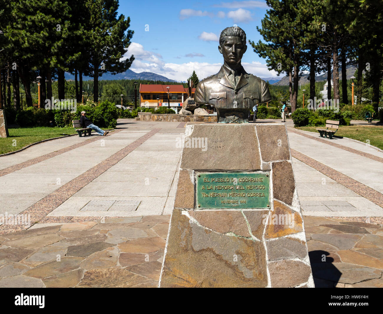 Sculpture, park in center of Village Cochrane, Carretera Austral,  Patagonia, Chile Stock Photo