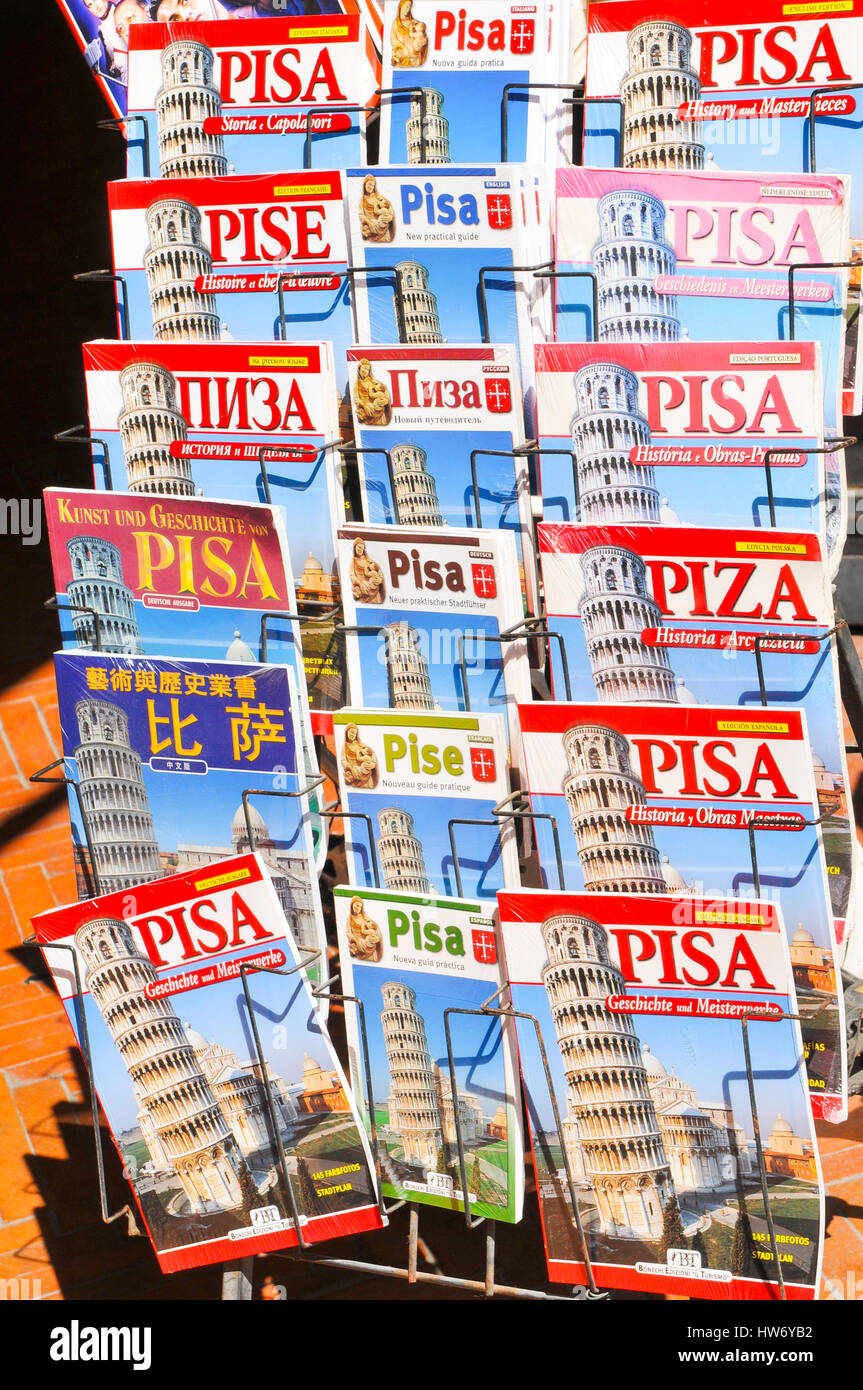 Pisa, Italy June 25, 2016 Travel guides for sale in front of
