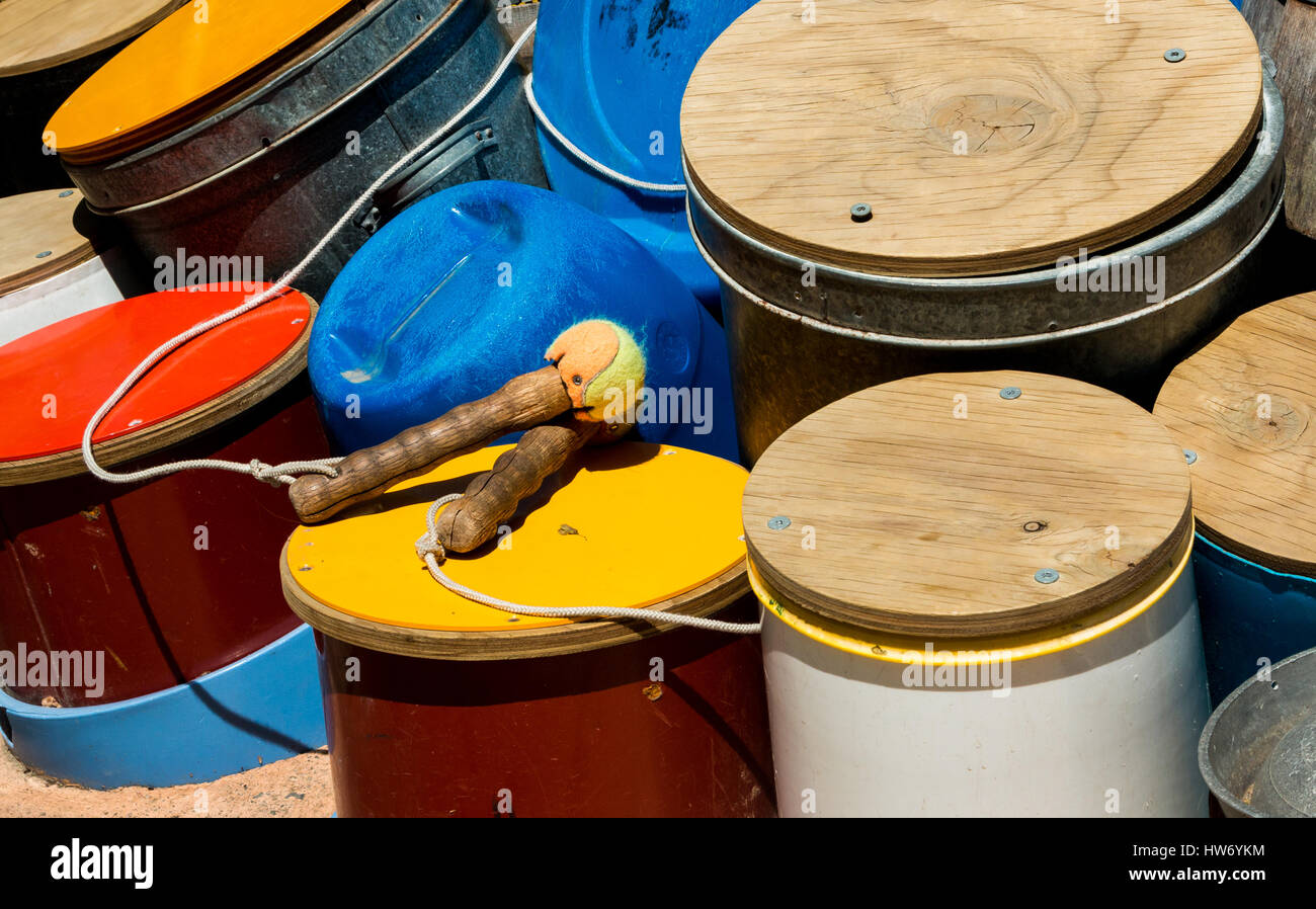 Drum set made out of different buckets Stock Photo Alamy