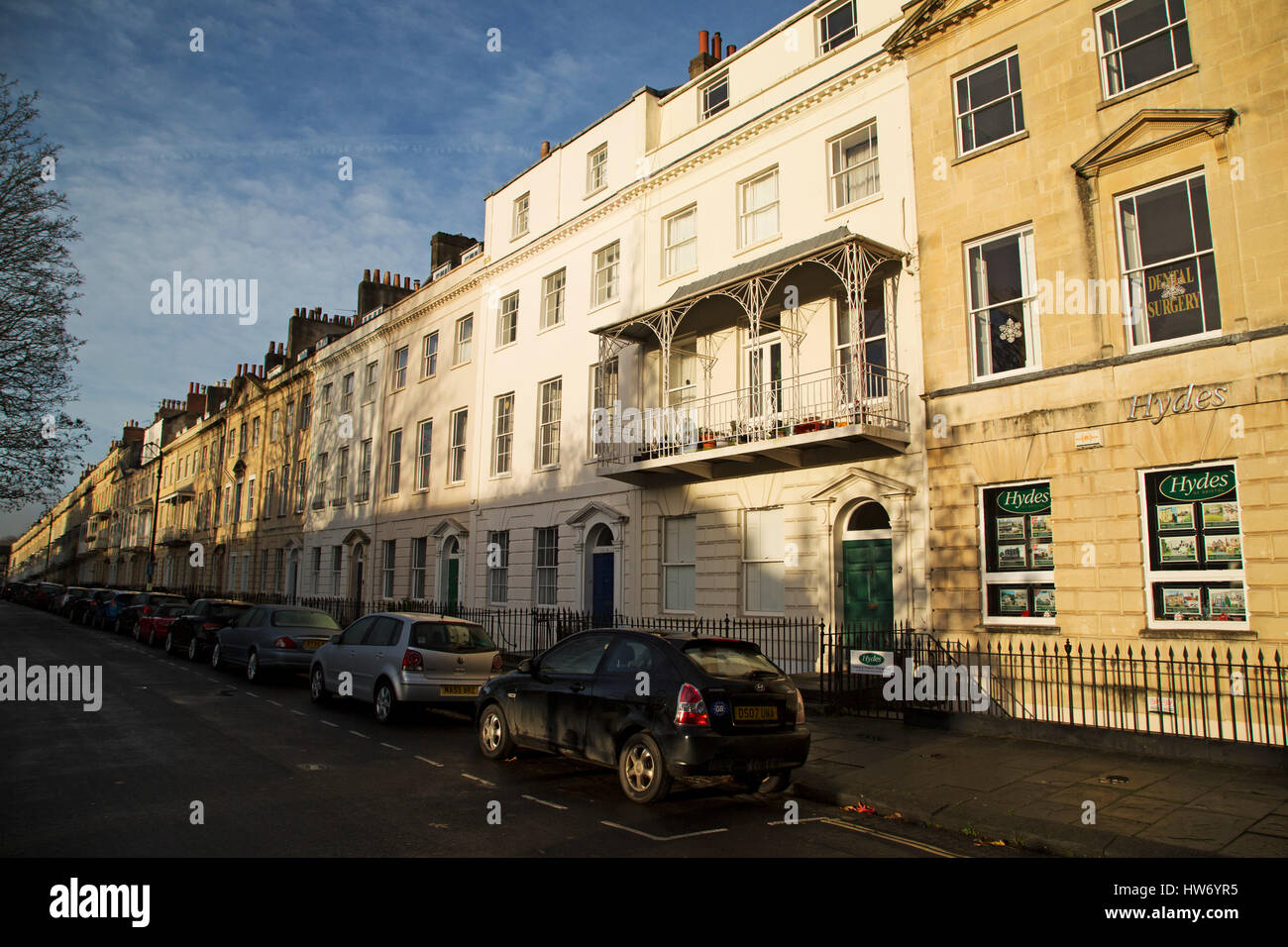 Townhouses in the Clifton district of Bristol, England. Several of the houses have wrought iron balconies. Stock Photo