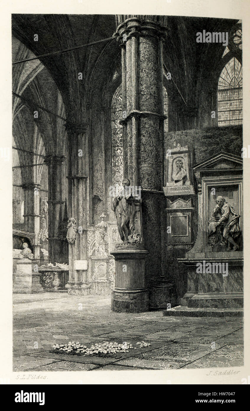 Dickens’ tomb is in the south transept of the Poets' Corner at Westminster Abbey in London, England, and is marked by a small stone inscription (area pictured here).This was per Dickens' wish and he wrote in his will: that my name be inscribed in plain English letters on my tomb... I rest my claims to the remembrance of my country upon my published works. Charles Dickens died June 9, 1870, and was buried at the Abbey on June 14. Charles Dickens (1812-1870) was an English writer and social critic, and considered by some the best novelist of the Victorian era. Stock Photo