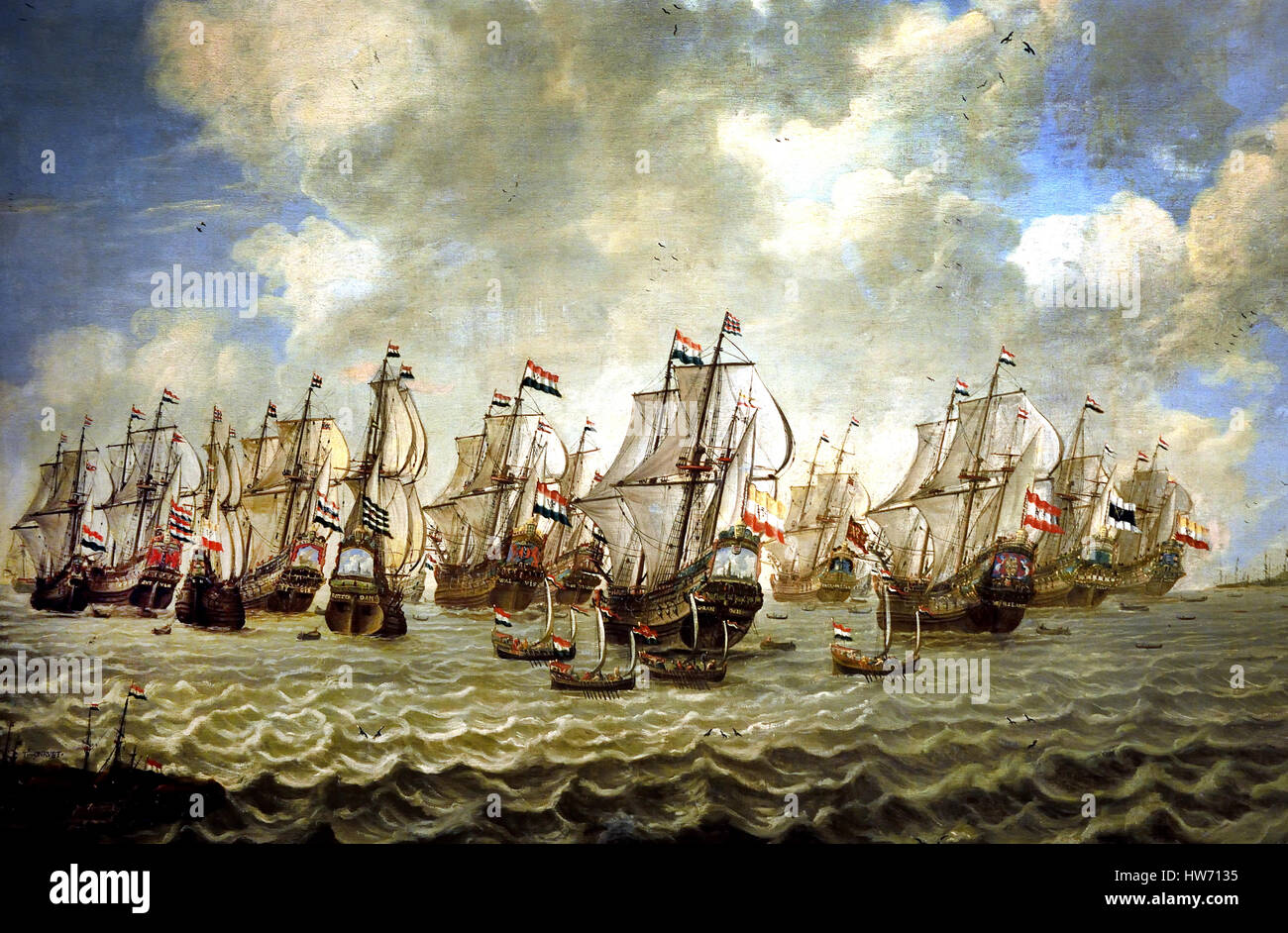 VOC return fleet from Batavia under the command of Wollebrant Geleijnssen or Geleijnsz de Jongh (*1594 †1674) that reached Table Bay in March 1648. From l. to r.: the flute Koning van Polen, on which Jan van Riebeeck sailed; the return ship Zutphen; the flute Noordmunster; the return ships Tijger and Rotterdam; the flagship Walvis; and Vrede, Oranje, Enkhuizen, Westfriesland, Delft and Henriette Louise. 1674,   (The wrecking of the Haarlem symbolise the earliest contacts between the Netherlands and South Africa ) Stock Photo