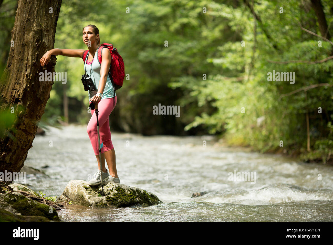 Young woman hiking in the forest by the river Stock Photo - Alamy