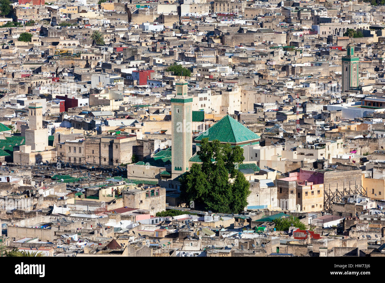 Fes, Morocco.  Old City (Fes El-Bali), Zawiya of Moulay Idris (center, with tiled minaret). Stock Photo