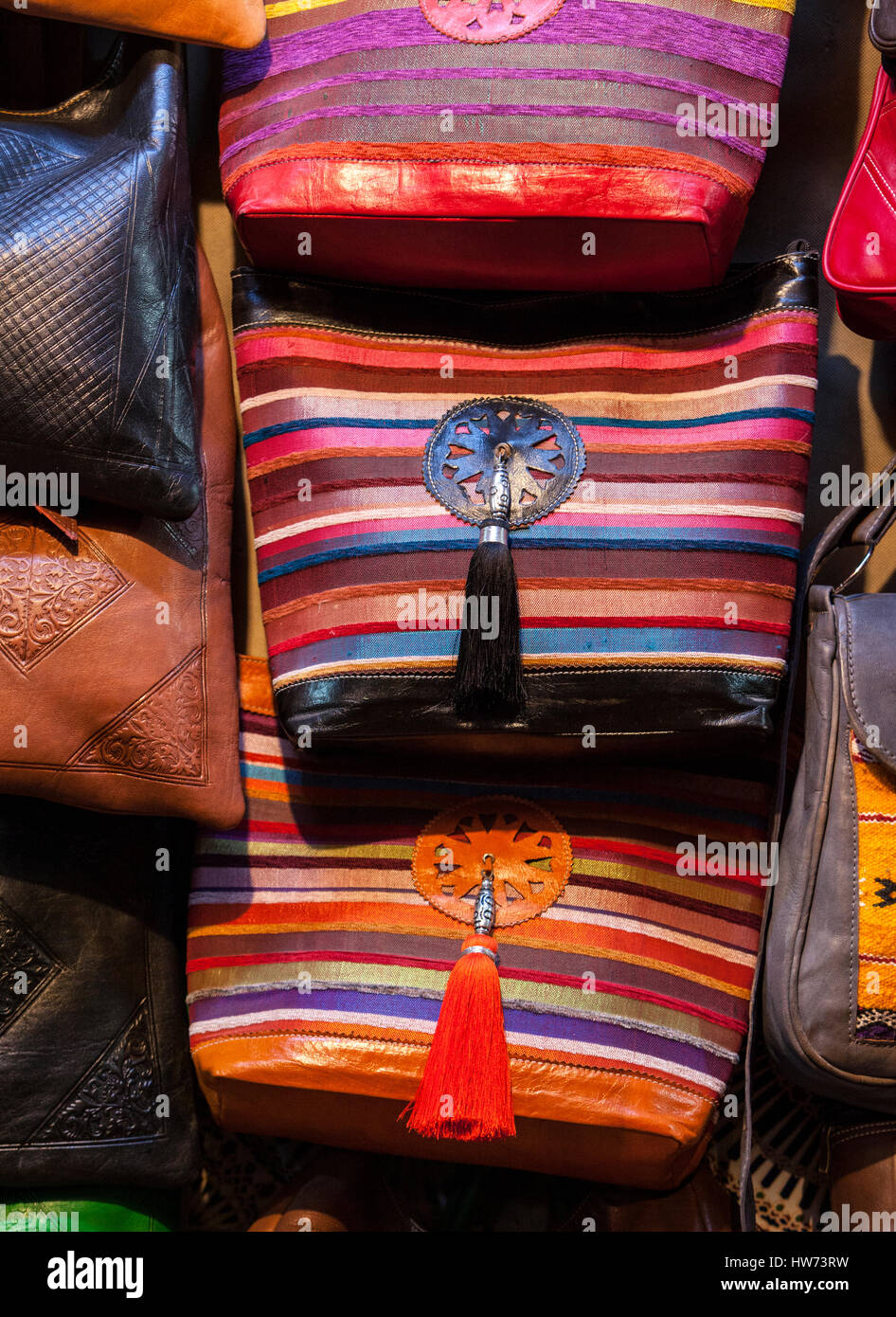 Fes, Morocco.  Leather and Cloth Purses for sale in the Medina, Fes El-Bali. Stock Photo