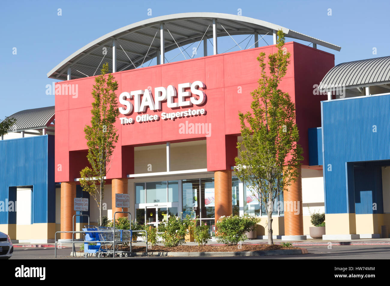 Staples office superstore sign. An American multinational office