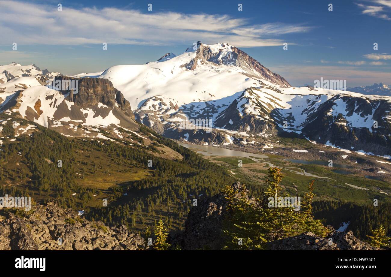 View of Garibaldi and Table Meadows from summit of Mt Price above Garibaldi Lake in Coast Mountains of British Columbia, Canada Stock Photo
