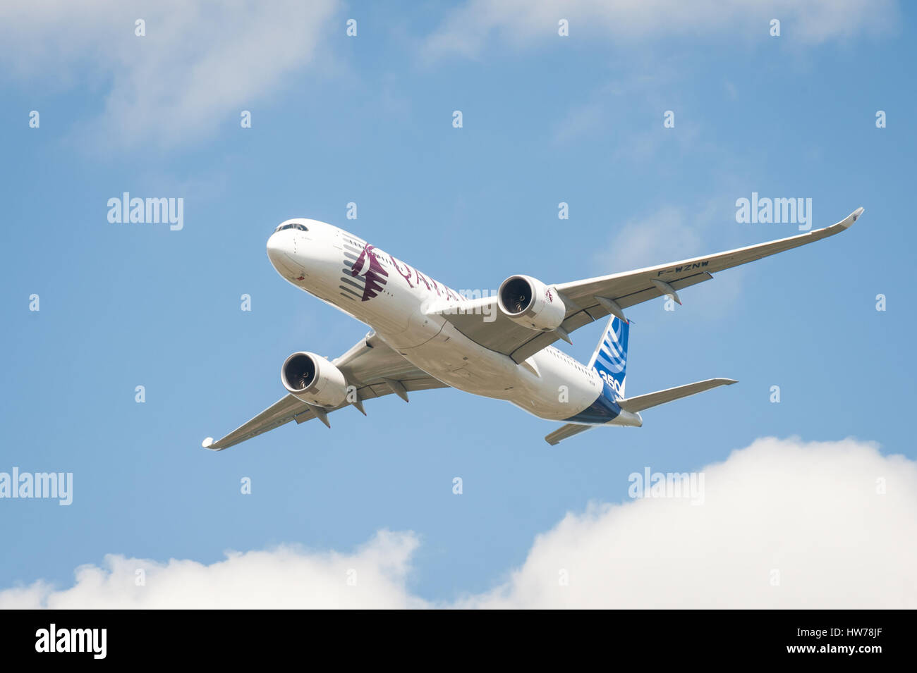 The newly developed Airbus A350 in Qatar Airways livery, in the skies above Farnborough airport, UK Stock Photo