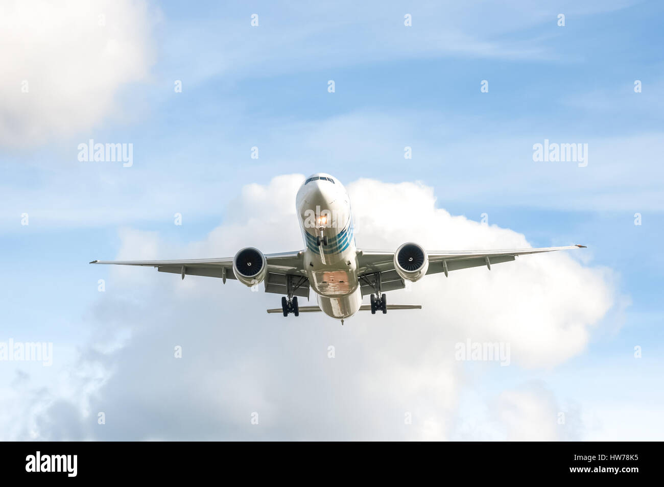 Boeing 777 operated by EgyptAir on landing approach to London Heathrow Airport, UK Stock Photo