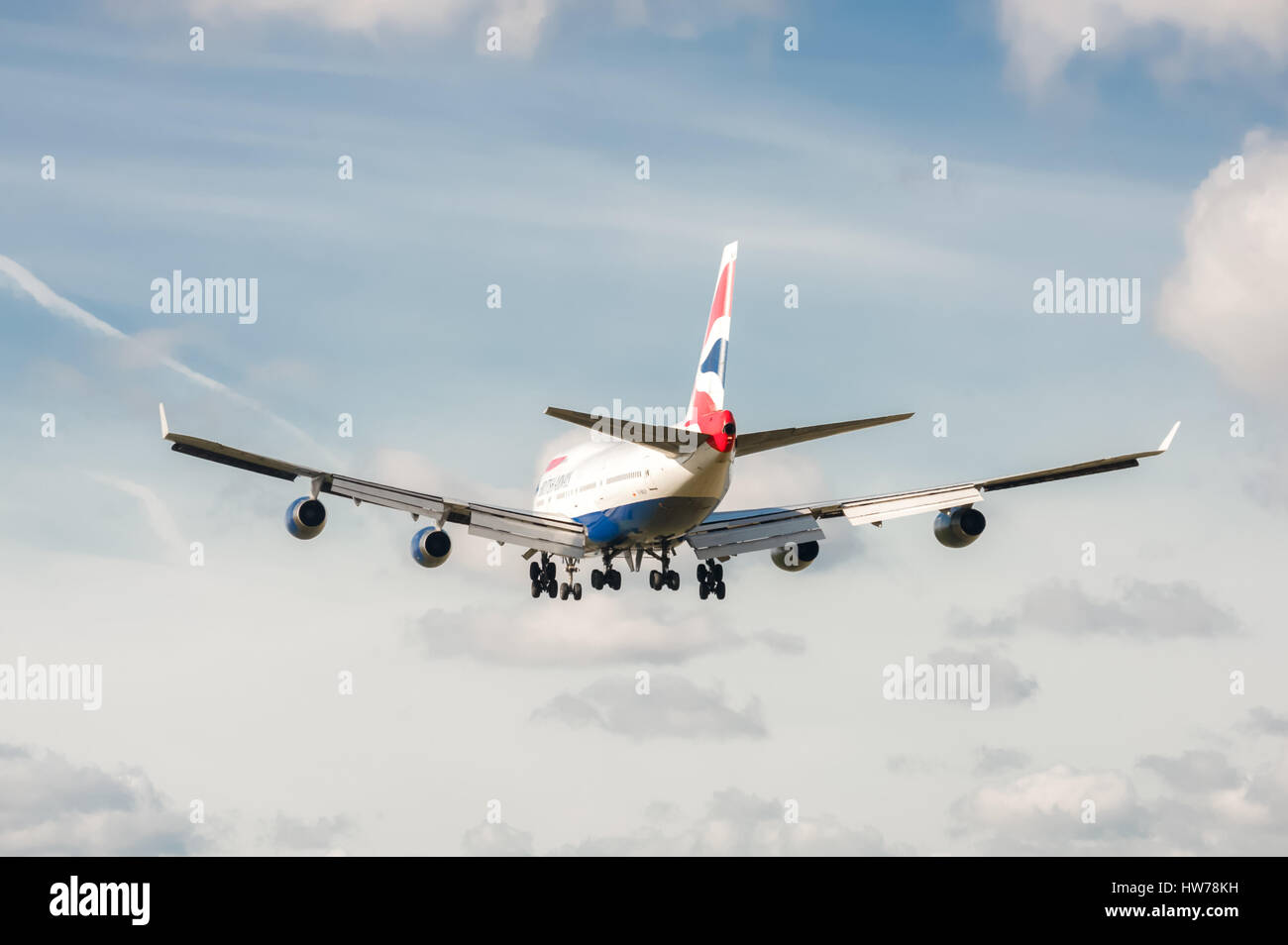 British Airways Boeing 747 on landing approach to London Heathrow Airport, UK Stock Photo