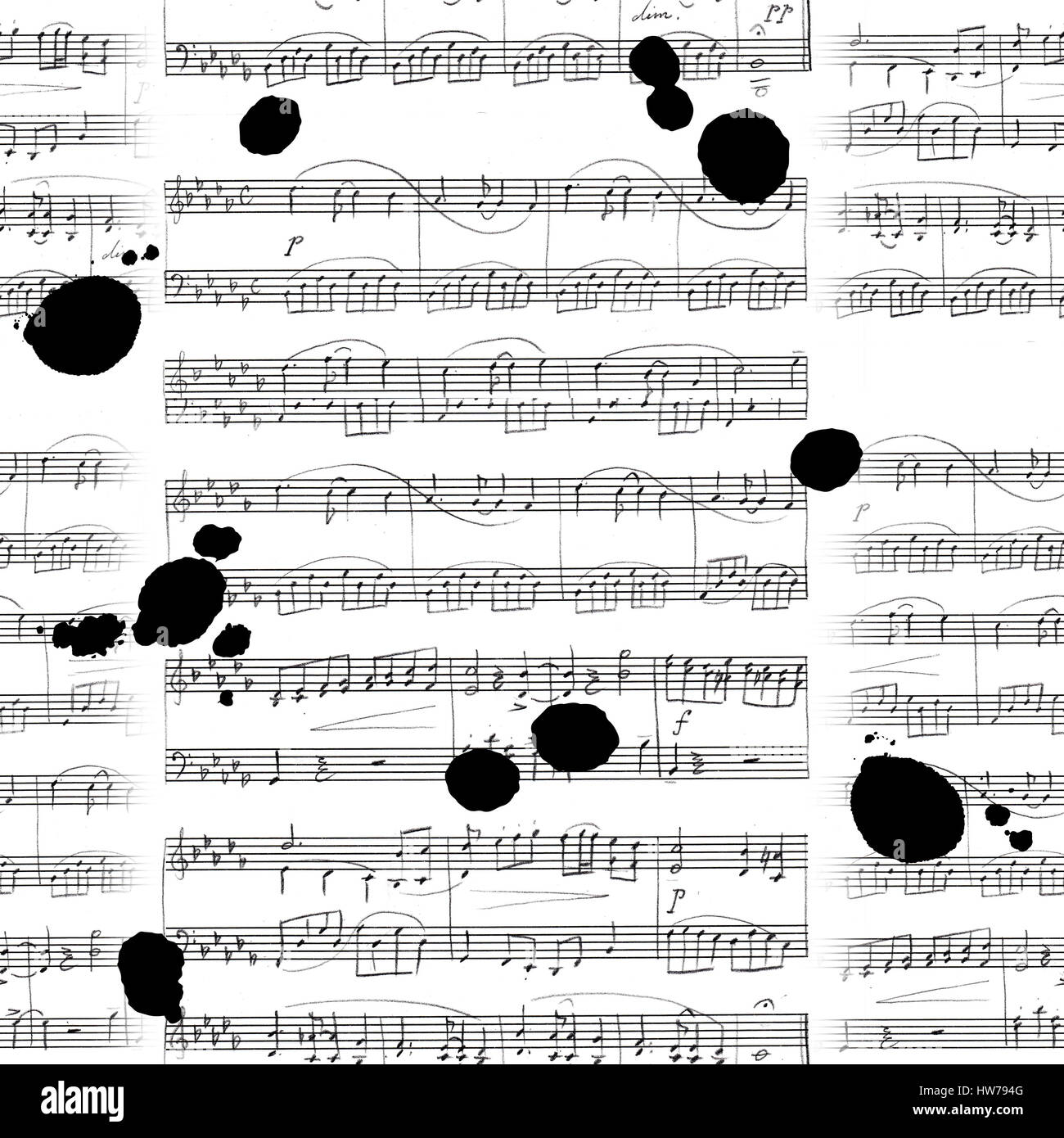 Seamless background pattern with sheet music and ink stains Stock Photo ...