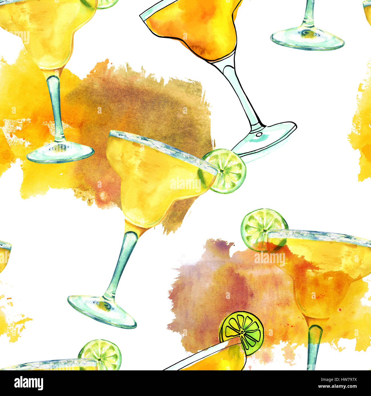 Seamless pattern with watercolour drawings of Margarita cocktail Stock