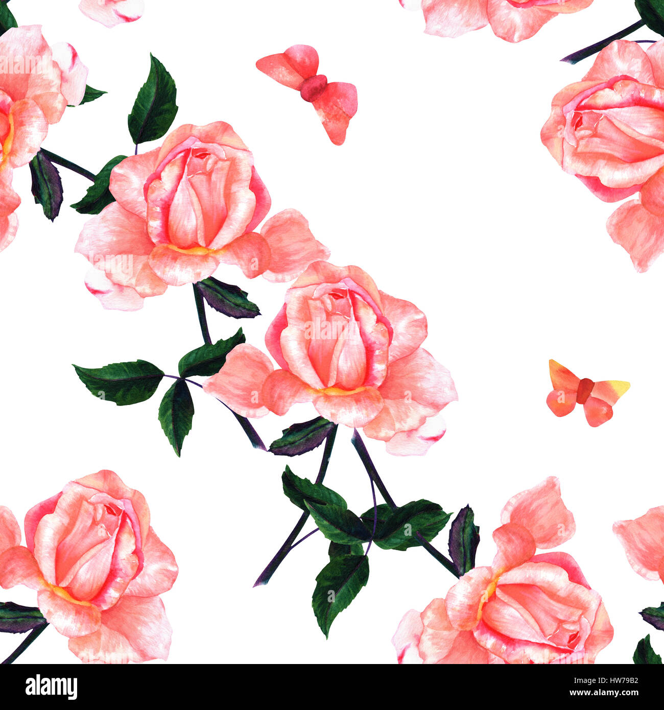 Seamless pattern with watercolor rose and butterfly on white Stock ...