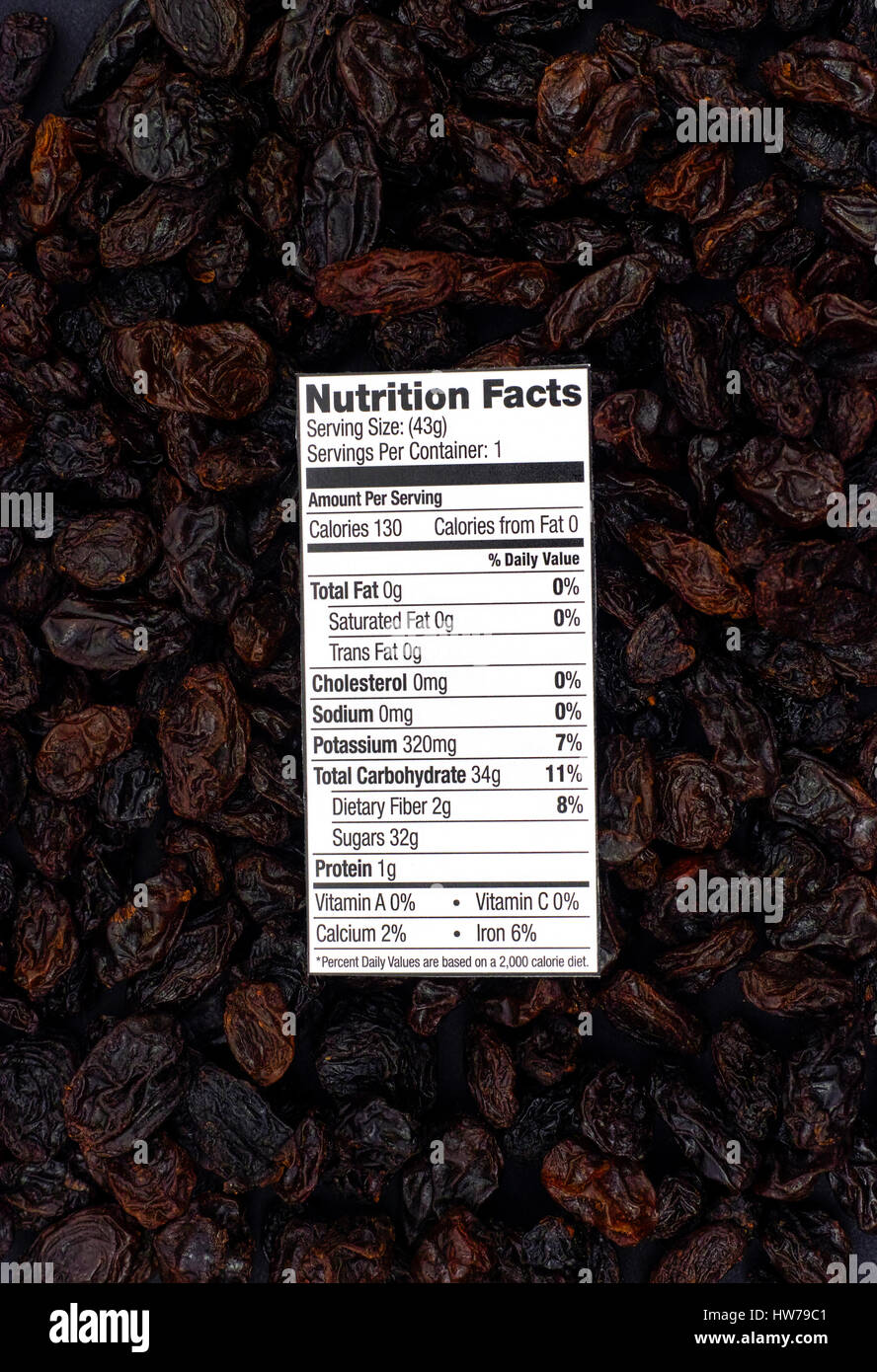 Nutrition facts of organic raisins with raisins background. Full frame