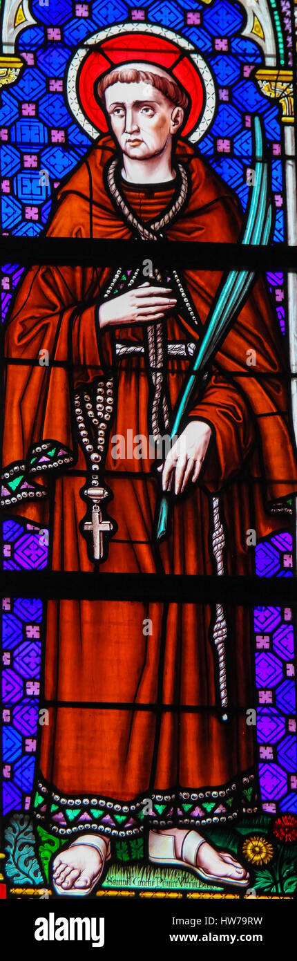 Stained Glass in the Church of Our Blessed Lady of the Sablon in Brussels, Belgium, depicting Saint Francis Stock Photo