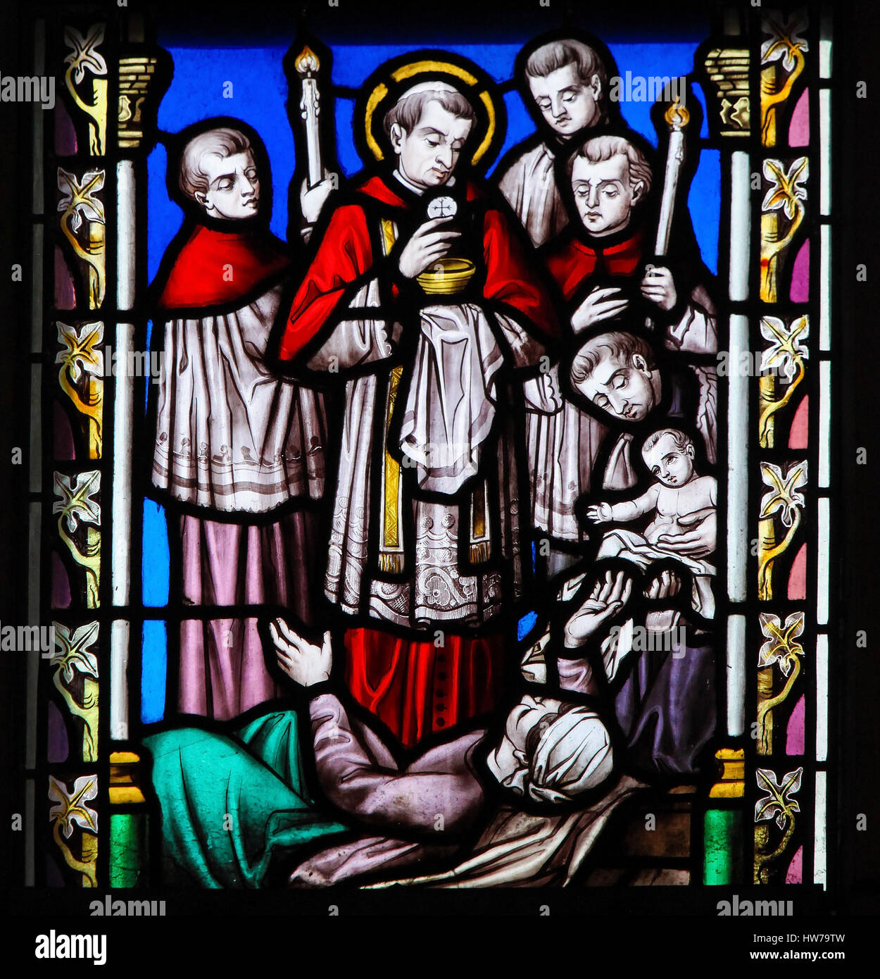 Stained Glass in the Church of Our Blessed Lady of the Sablon in Brussels, Belgium, depicting Saint Charles Borromeo or Carolus Borromeus Stock Photo