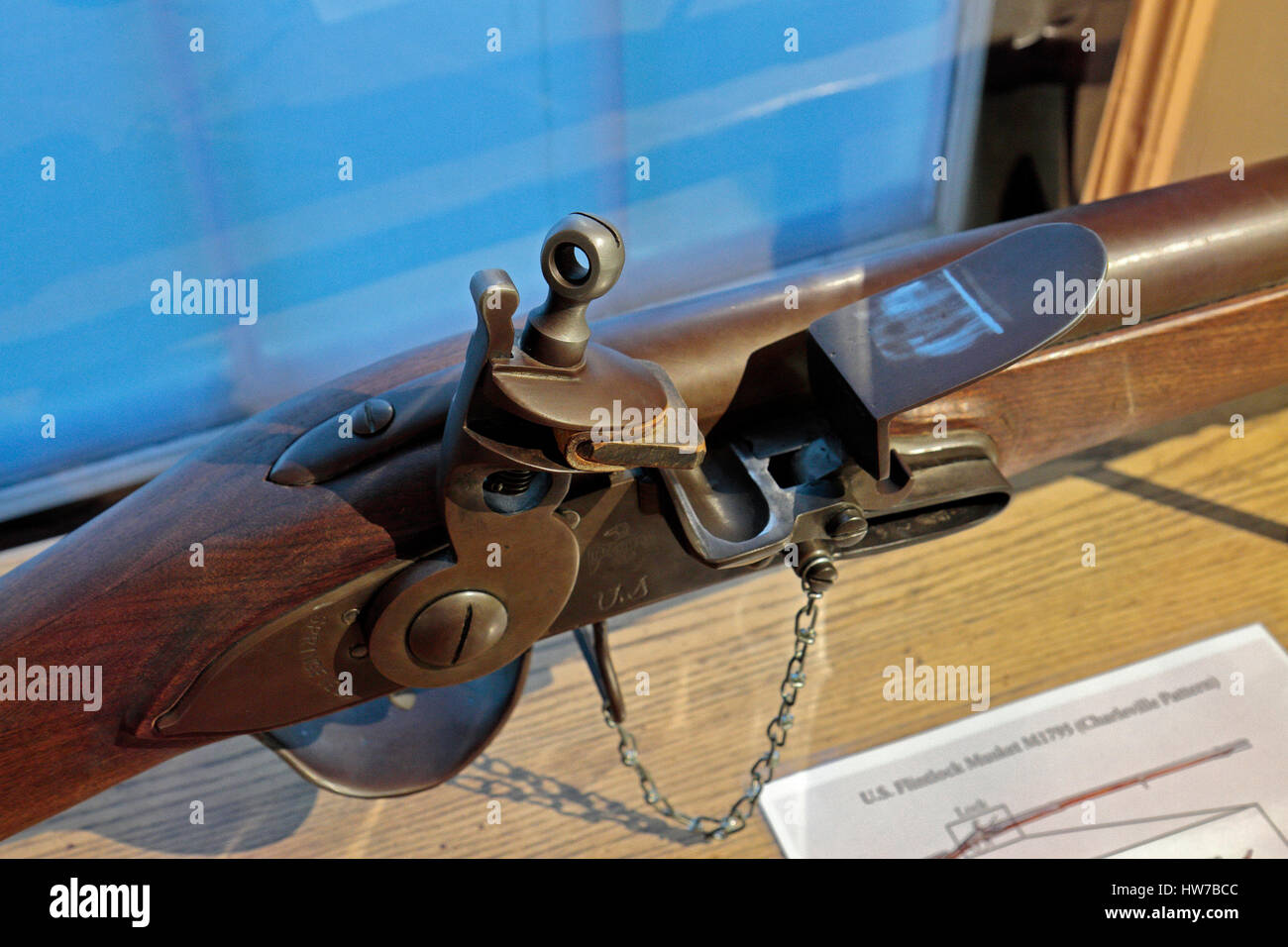 A US Flintlock Musket M1795 (Charleville Pattern) on display in the Springfield Armory National Historic Site, Springfield, Ma, United States. Stock Photo
