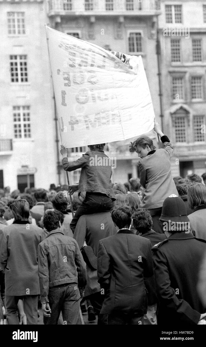 Music fans take part in the Rock and Roll Radio Campaign march through Central London, England on May 15, 1976. The campaign aimed to get more fifties style rock and roll music played on BBC radio. Stock Photo