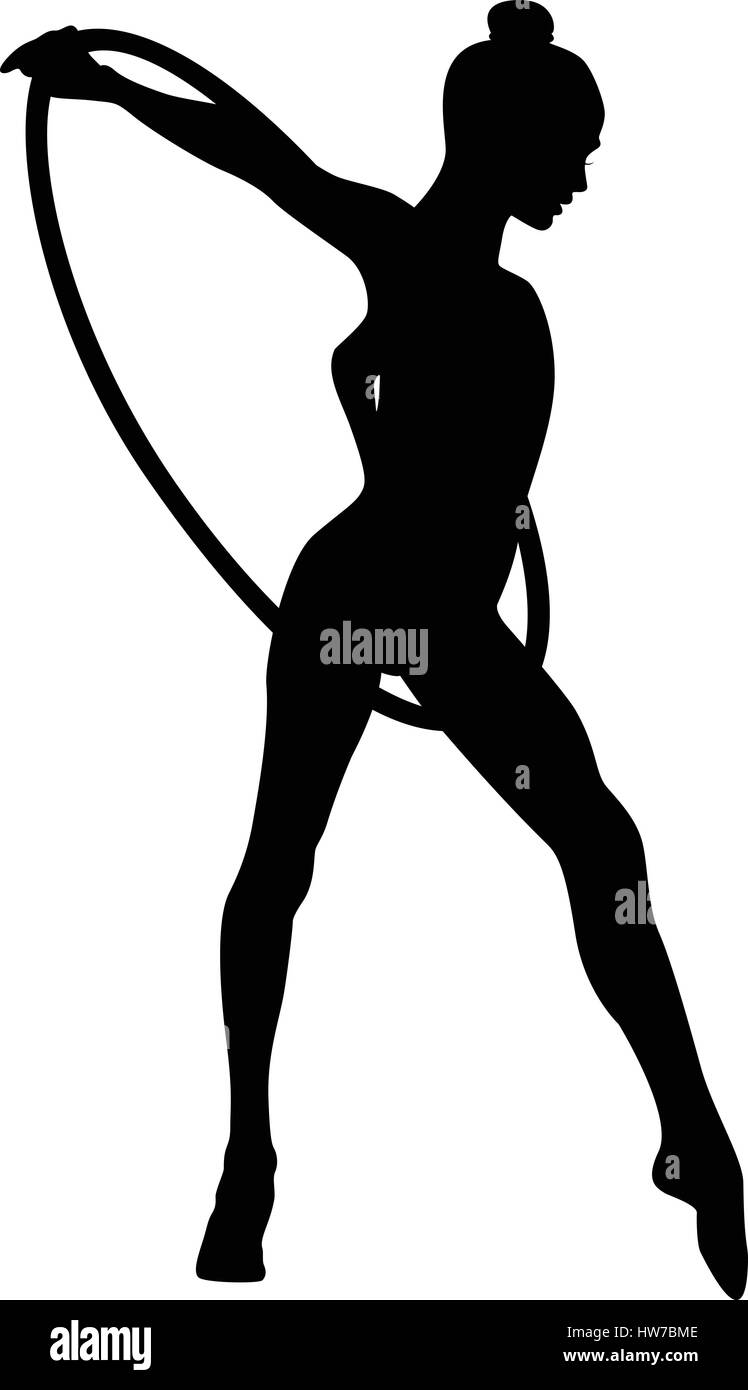 young girl gymnast hoop in rhythmic gymnastics black silhouette Stock Vector
