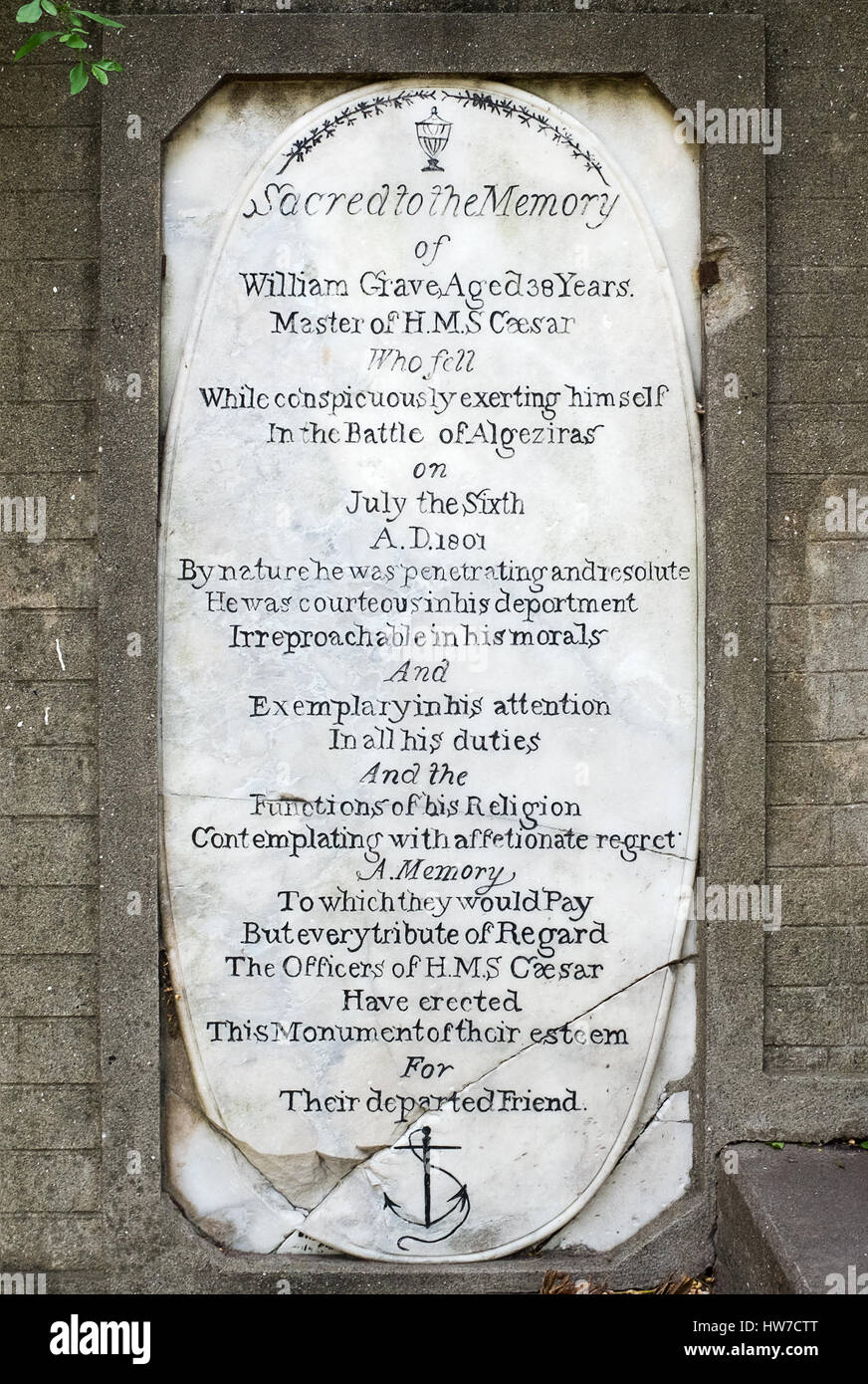 Monument at Trafalgar Cemetery to Ships Master William Grave of the Flagship HMS Caesar who dies during the First Battle of Algeciras Stock Photo