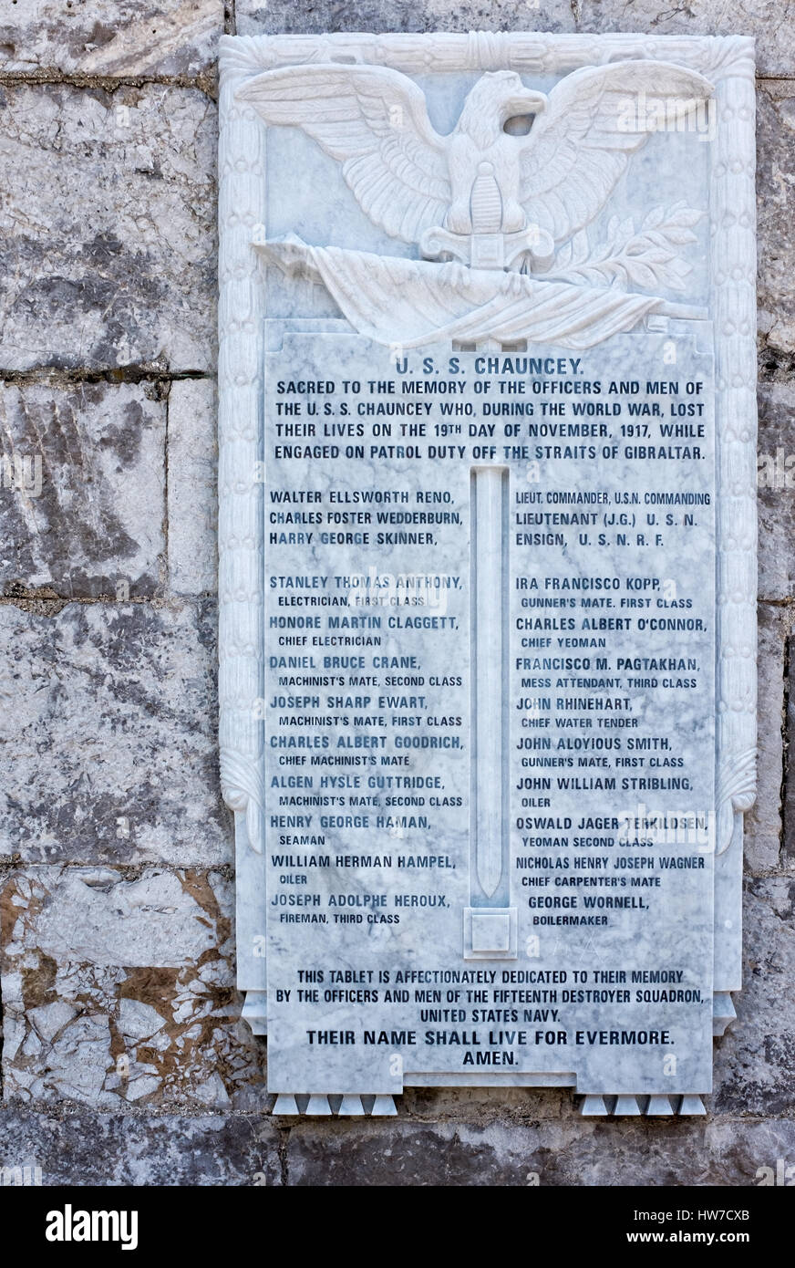 Memorial Plaque of those lost when the Destroyer USS Chauncey sank on 19th November 1917 off Gibraltar Stock Photo