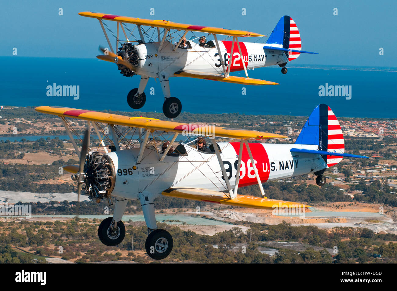 Two Boeing stearman biplanes in formation over Western Australia Stock Photo