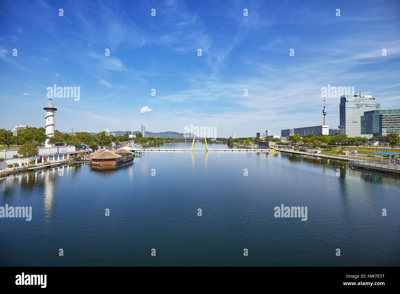 Wide angle view of Danube River in Vienna, Austria. Stock Photo
