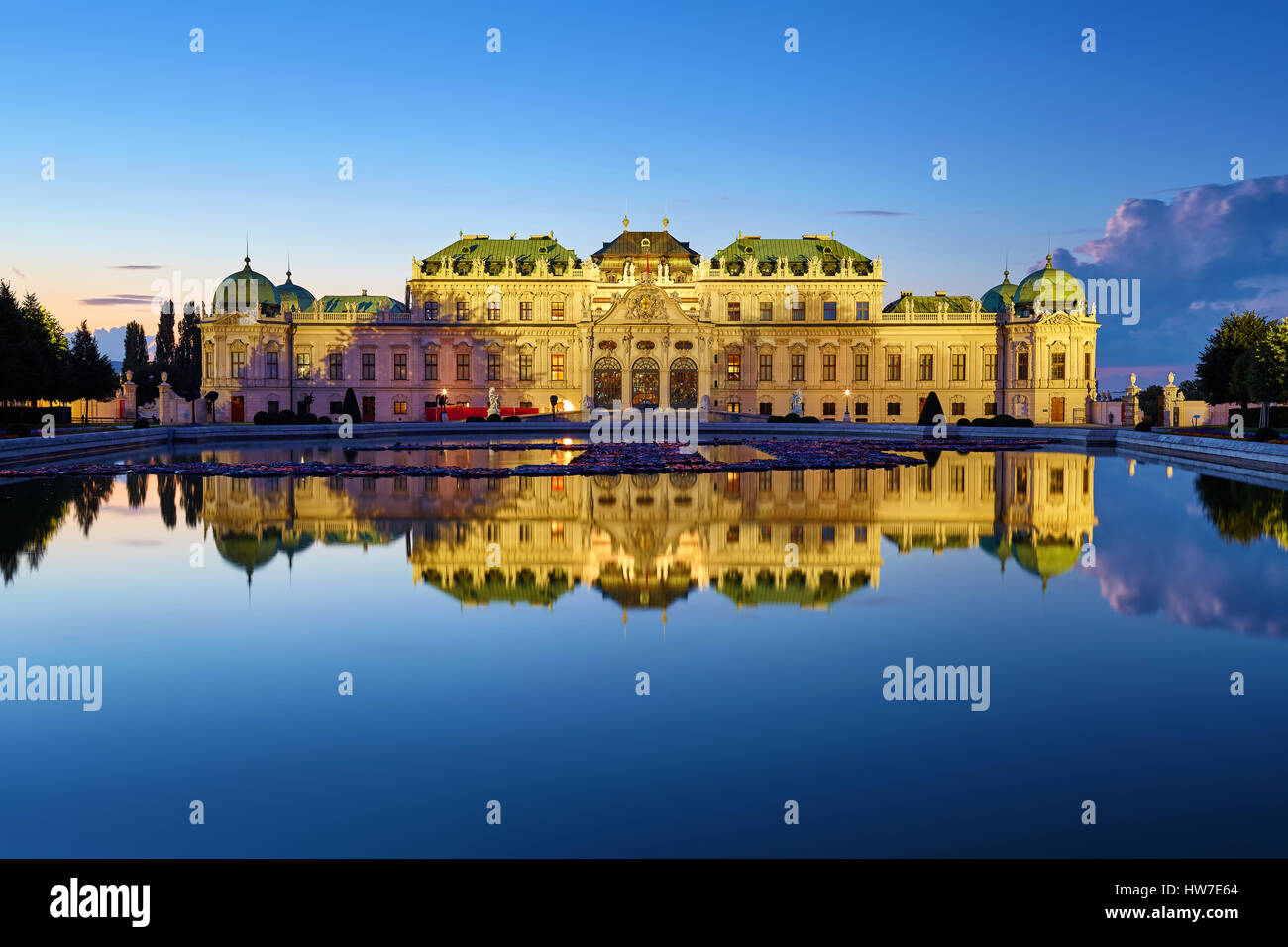 View of Belvedere Palace in Vienna after sunset, Austria. Stock Photo