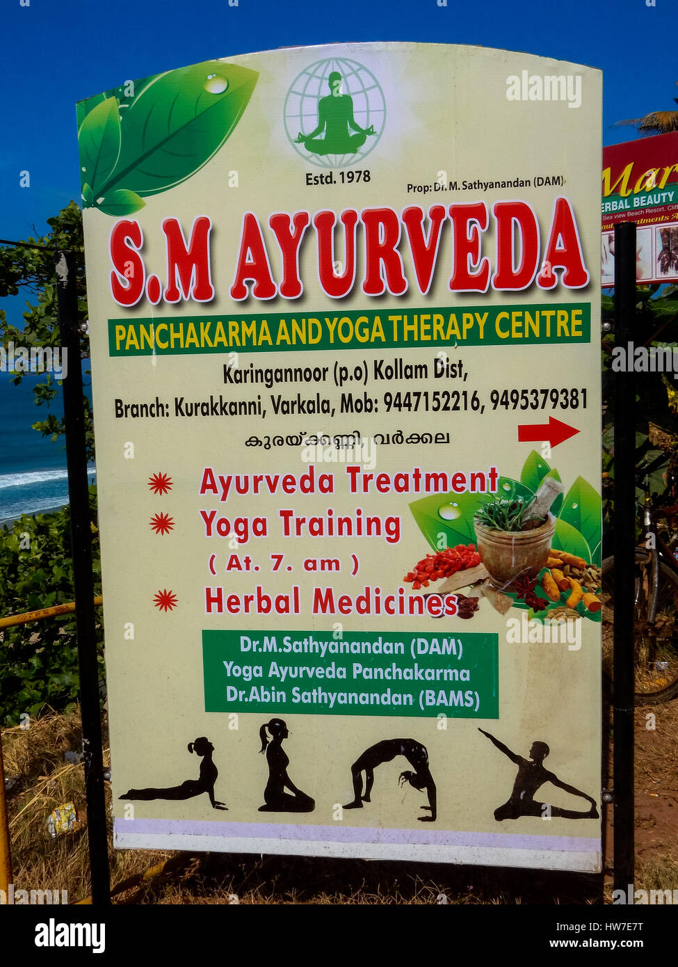 advertisement board with ayurvedic yoga varkala,kerala,india Stock