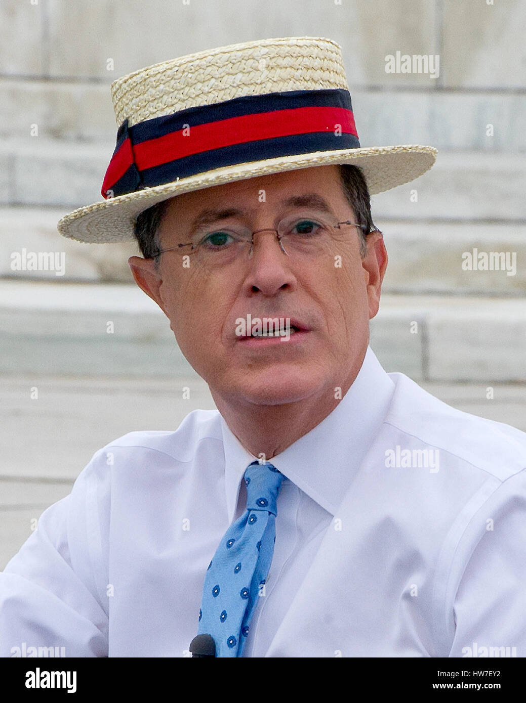 Stephen Colbert host of the Comedy Central show 'The Colbert Report' works on bit with United States Representative Jack Kingston (Democrat of Georgia) around the the U.S. Capitol Reflecting Pool in Washington D.C. on Friday October 3 2014. Credit: Ron Sa Stock Photo