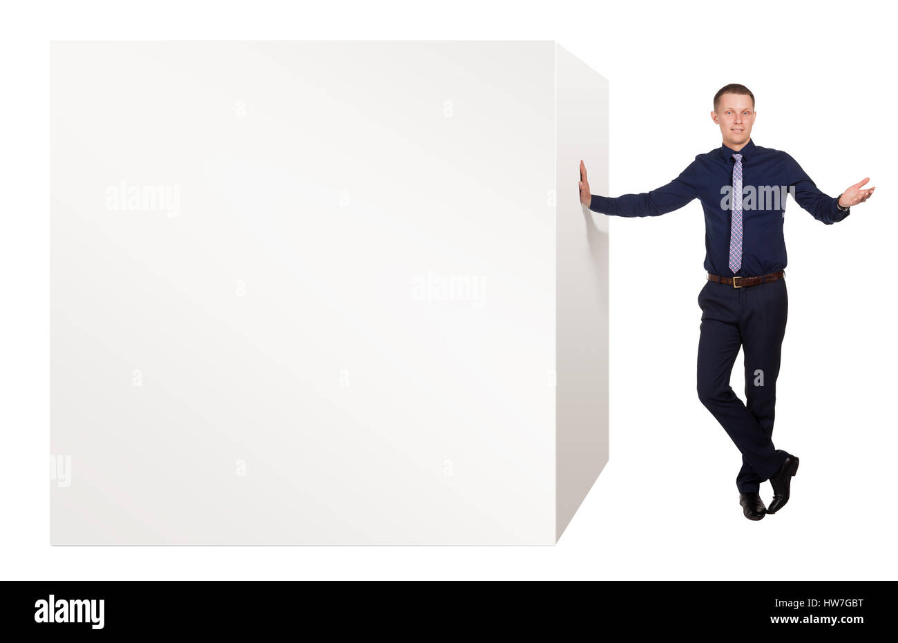 Young man explain advantages of this product, on white Stock Photo