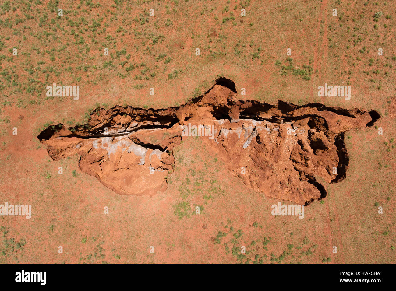 Aerial view of a large sinkhole in the arid region of the Northern Cape, South Africa Stock Photo
