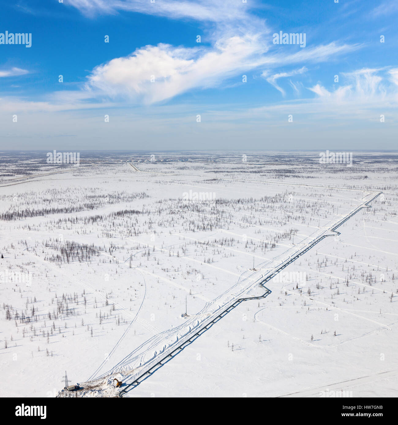 Top view of gas pipeline in tundra Stock Photo