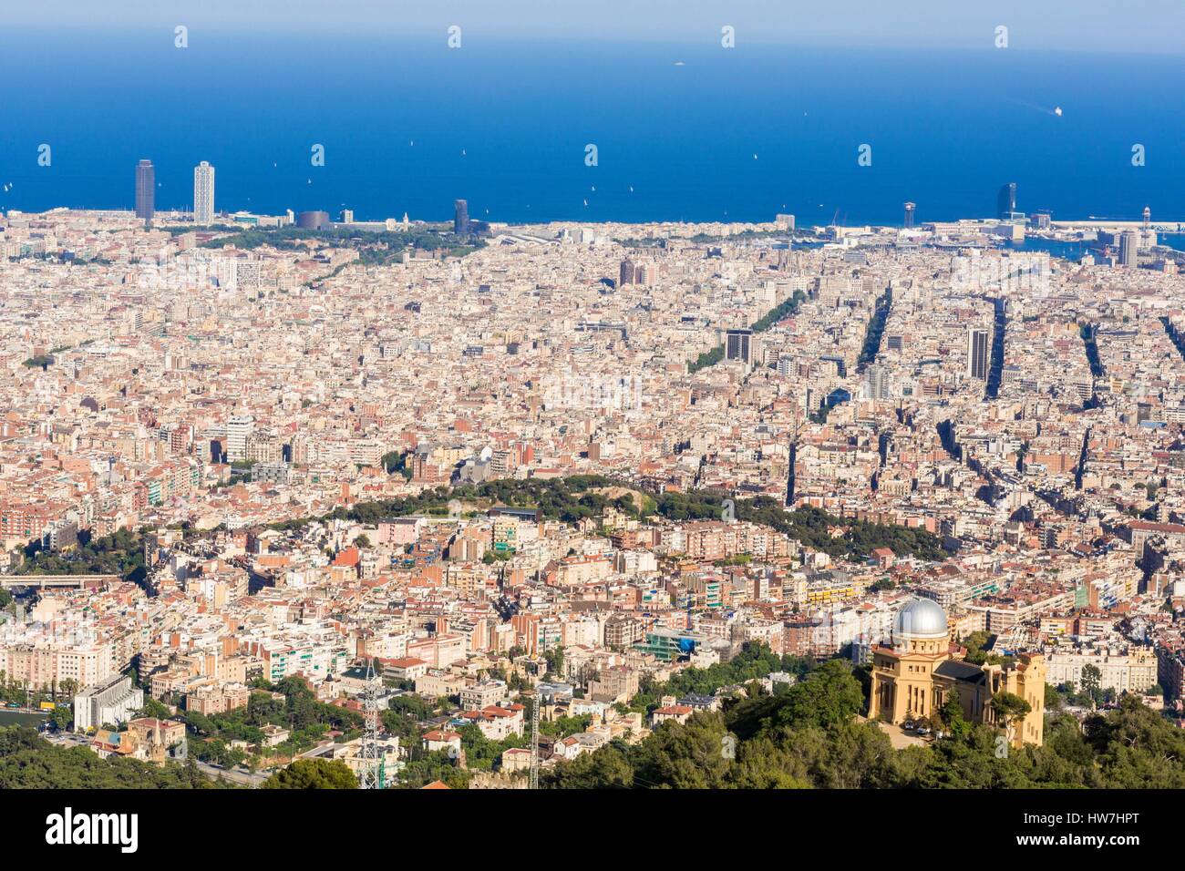 Spain, Catalonia, Barcelona, view from Tibidabo (Serra de Collserola) on the Fabra Observatory (1904) and the Eixample and Barceloneta districts and the old town Stock Photo