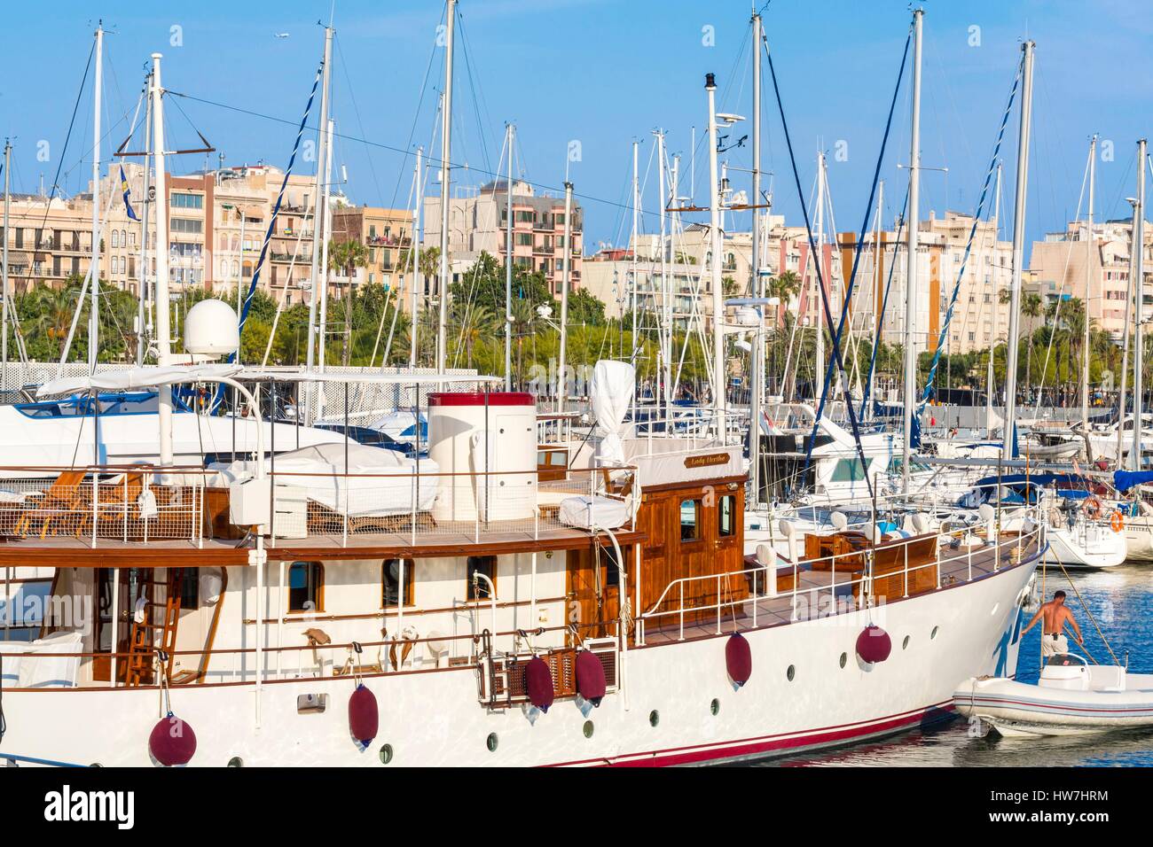 Spain, Catalonia, Barcelona, Port Vell, boats in the marina Stock Photo