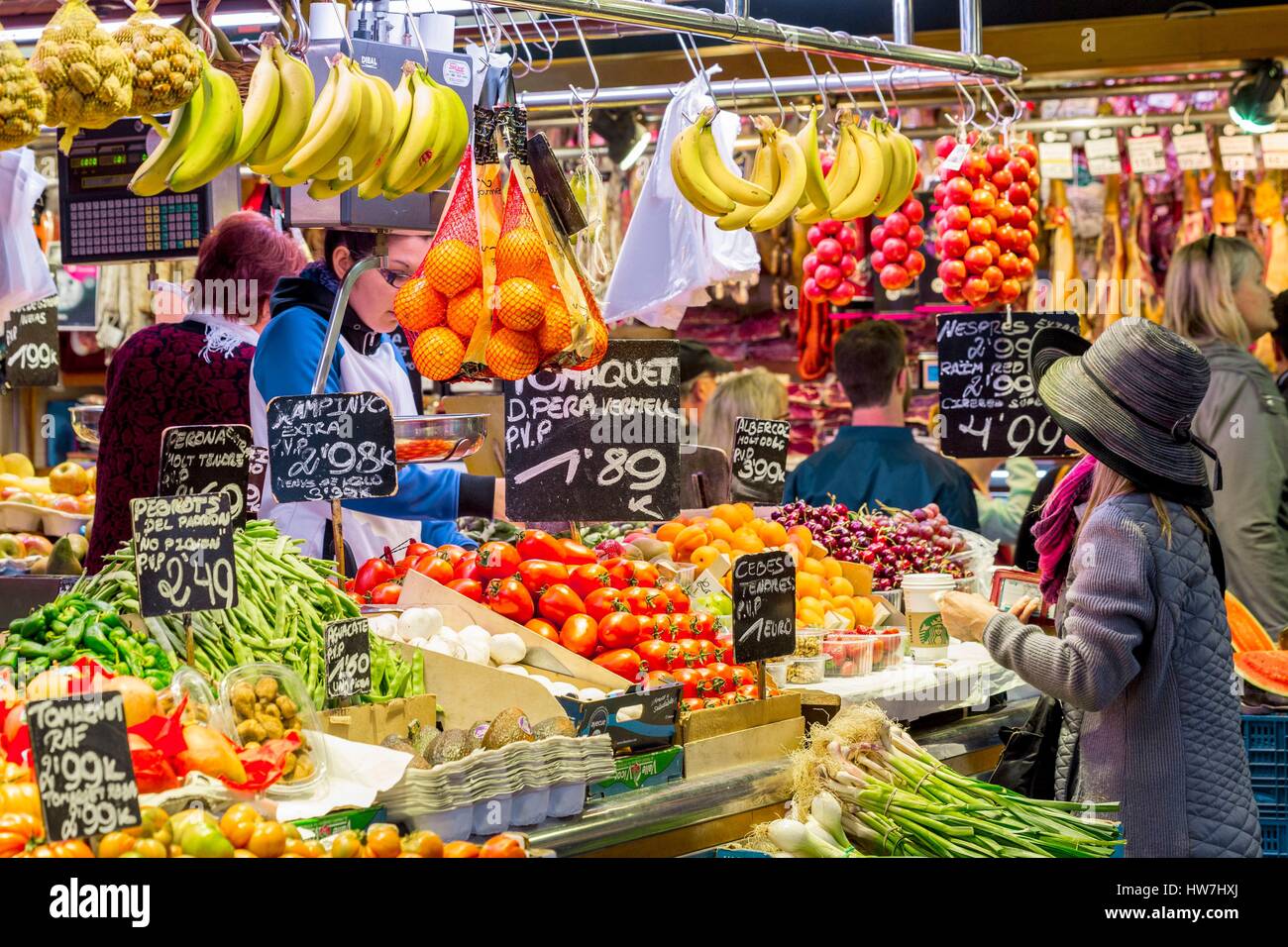 Spain, Catalonia, Barcelona, Ciutat Vella, the Boqueria market built in the mid 19th century, stalls of fruits and vegetables Stock Photo