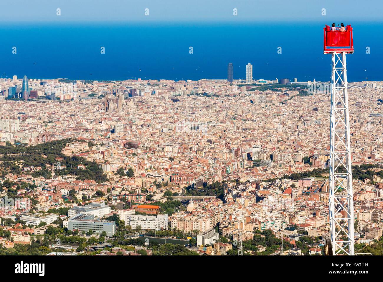 Spain, Catalonia, Barcelona, view from the amusement park Tibidabo (Serra de Collserola), founded in 1901 on the Eixample district, La Barceloneta and the old city and the Agbar Tower Stock Photo