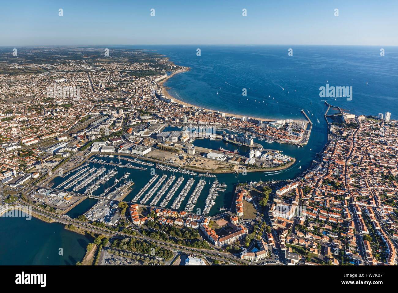 France, Vendee, Les Sables d'Olonne, Port Olona marina, the fishing harbour,  the channel and the bay (aerial view Stock Photo - Alamy