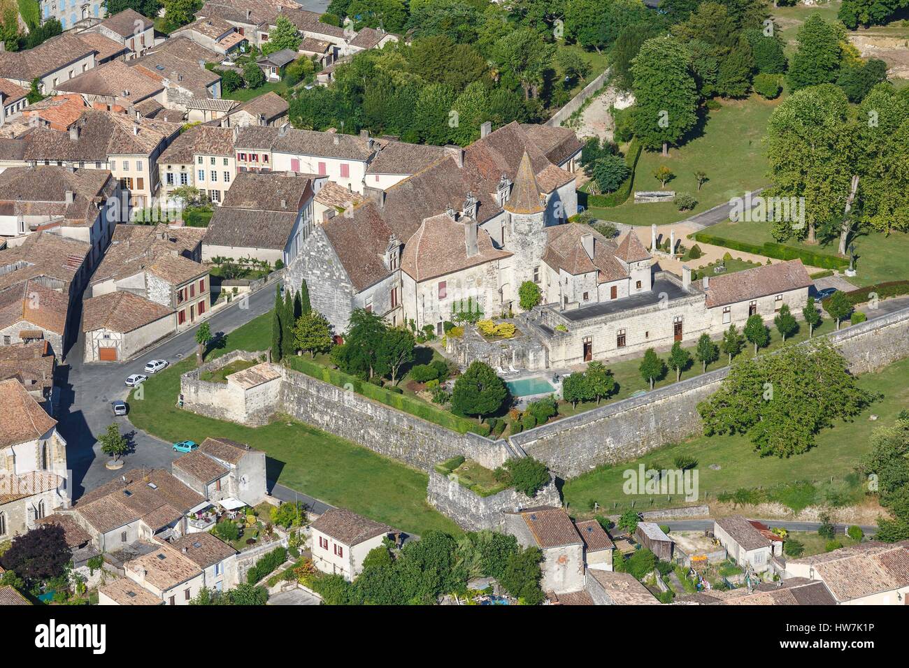 France, Lot et Garonne, Lauzun, the castle (aerial view) Stock Photo
