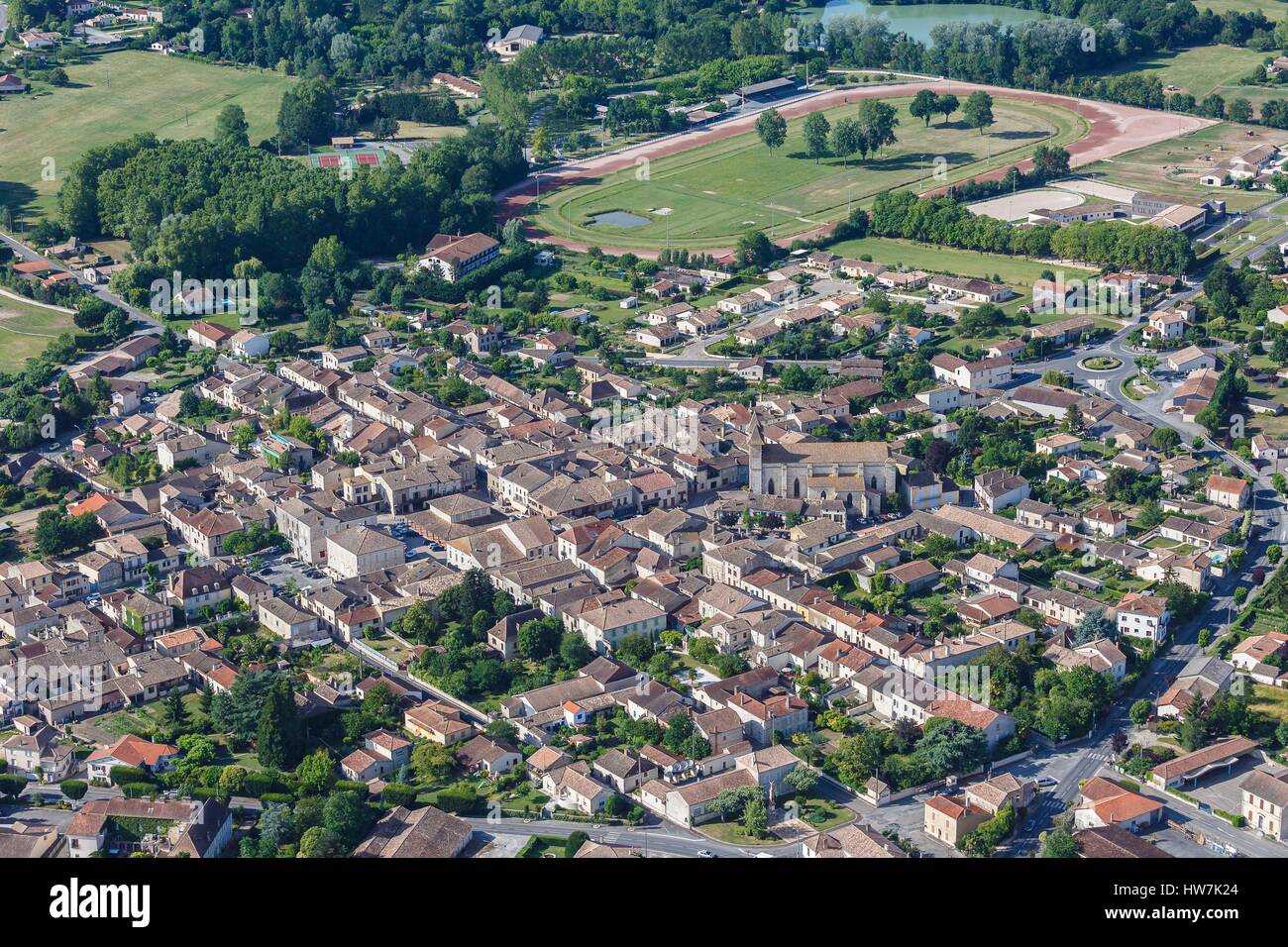 France, Lot et Garonne, Villereal, the bastide and the church (aerial view) Stock Photo