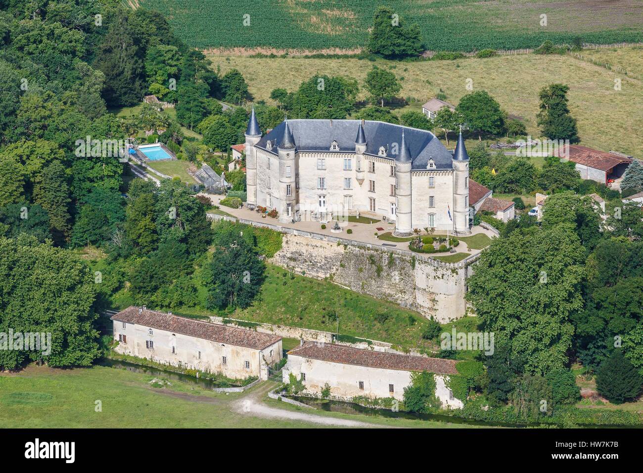 France, Charente, Mouthiers sur Boeme, la Rochandry castle (aerial view) Stock Photo