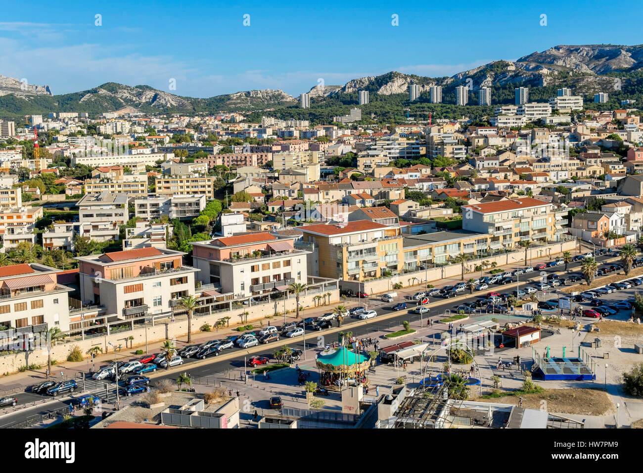 France, Bouches du Rhone, Marseille, the Prado beaches, avenue Pierre Mendes France (aerial view) Stock Photo