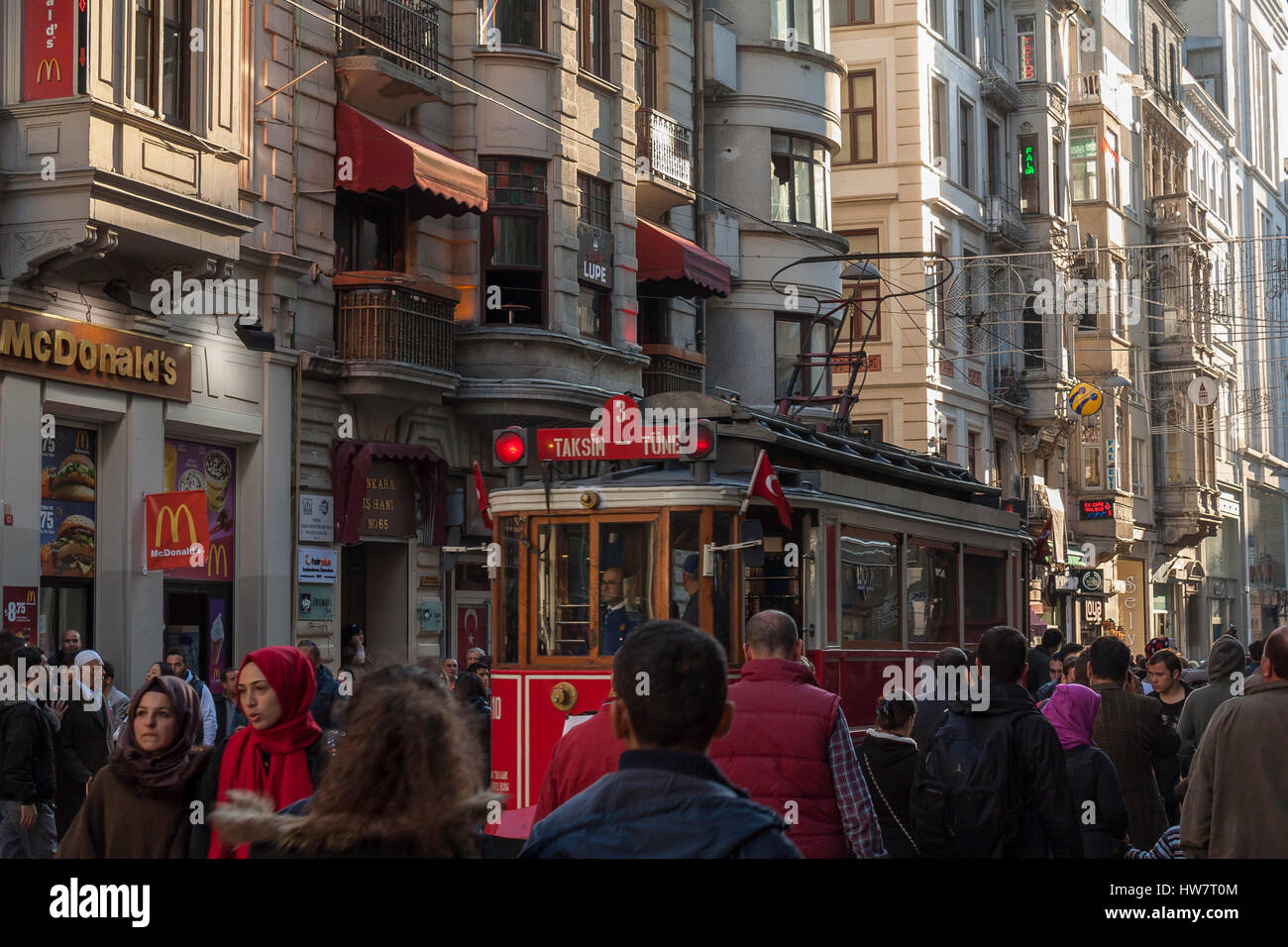 ISTANBUL, TURKEY- OCTOBER 5, 2013: Taksim Trolley on İstiklal Caddesi Stock Photo